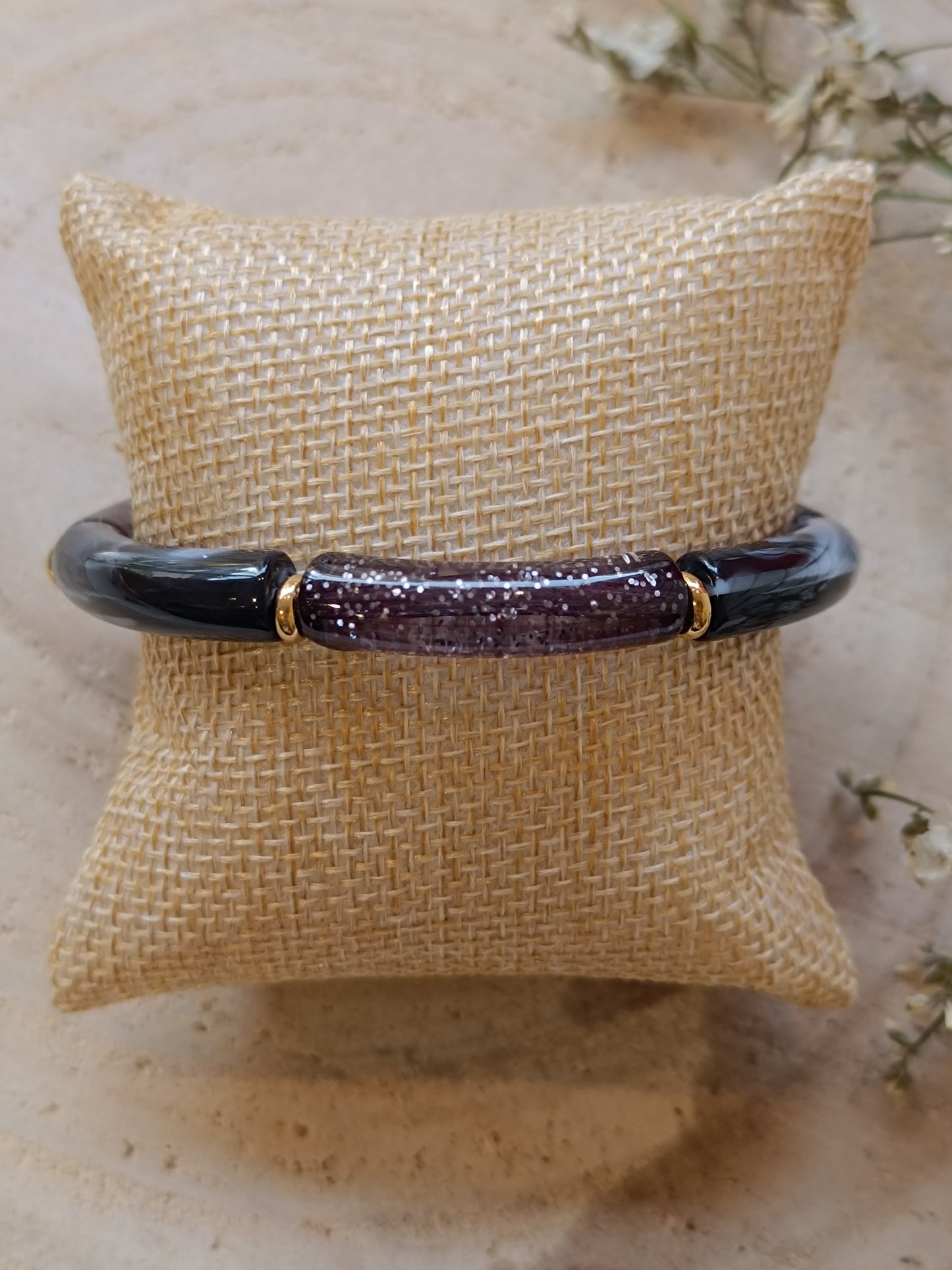 Bracelet élastique résine noir pailleté