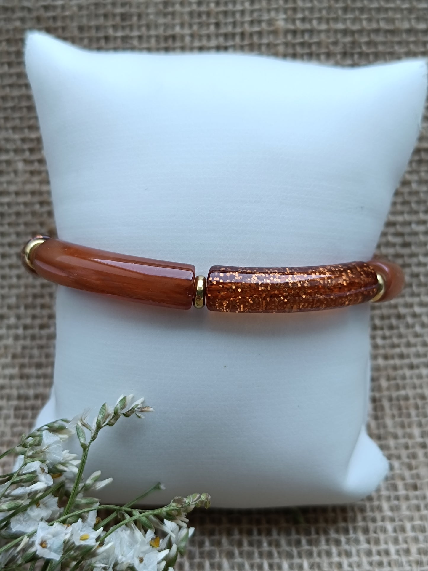 Bracelet élastique résine marron clair pailleté