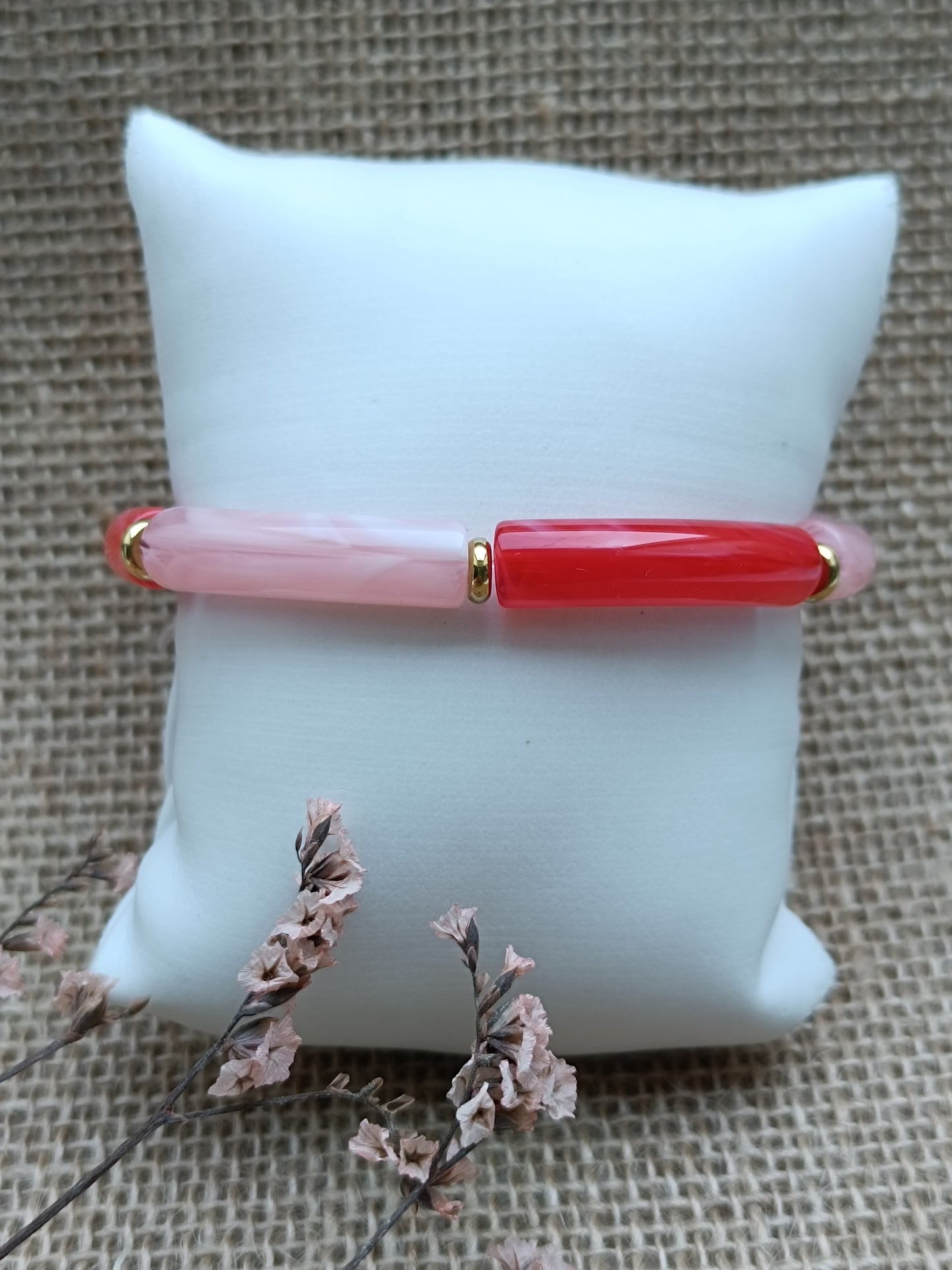 Bracelet élastique résine rouge & rose