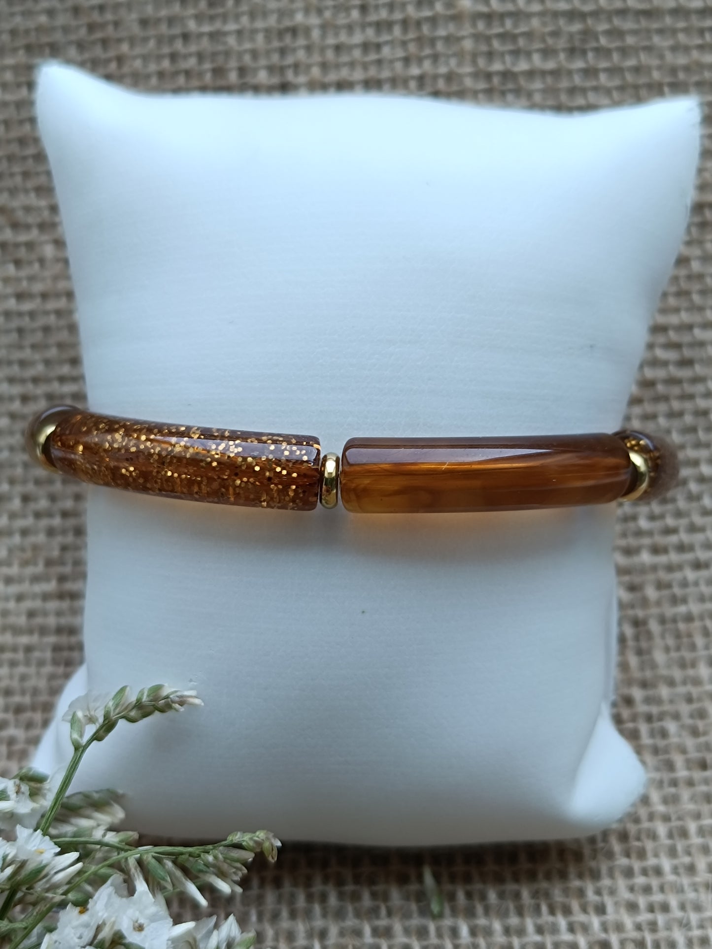 Bracelet élastique résine marron foncé pailleté
