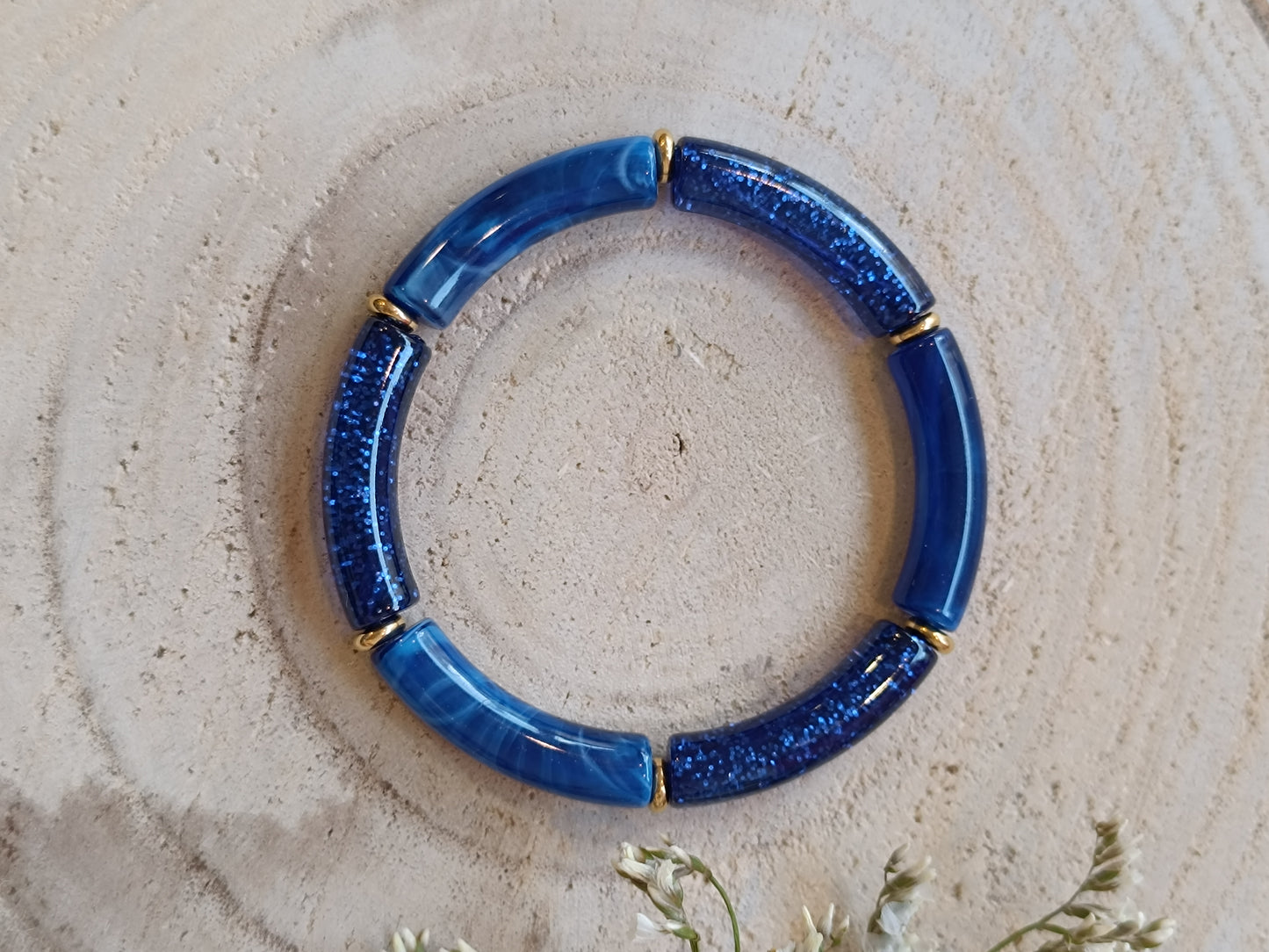 Bracelet élastique résine bleu pailleté