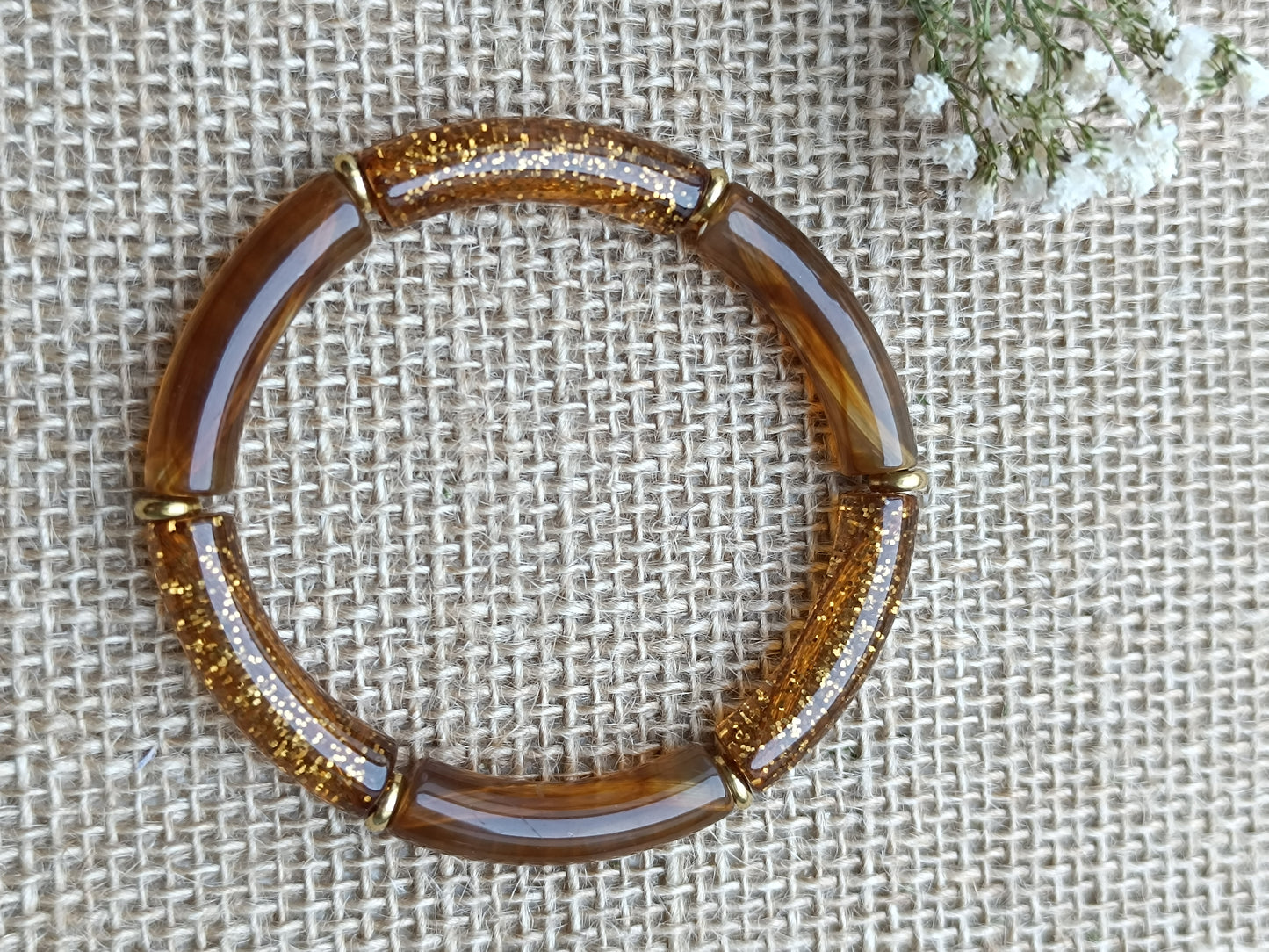 Bracelet élastique résine marron foncé pailleté