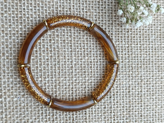 Bracelet élastique résine marron foncé pailleté