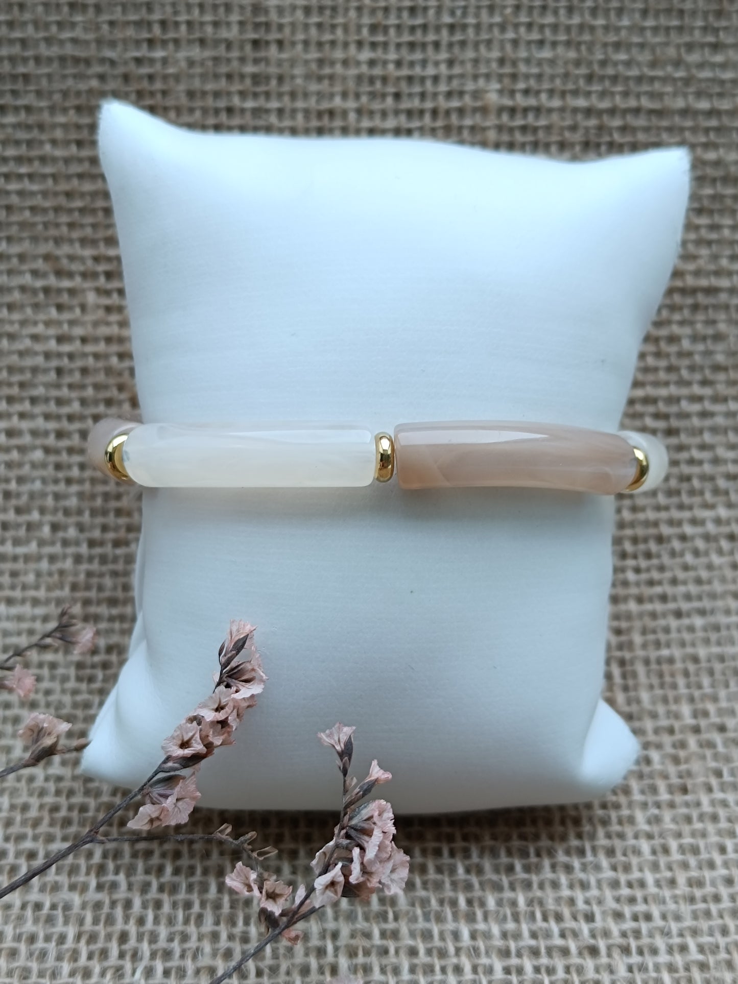 Bracelet élastique résine beige & blanc