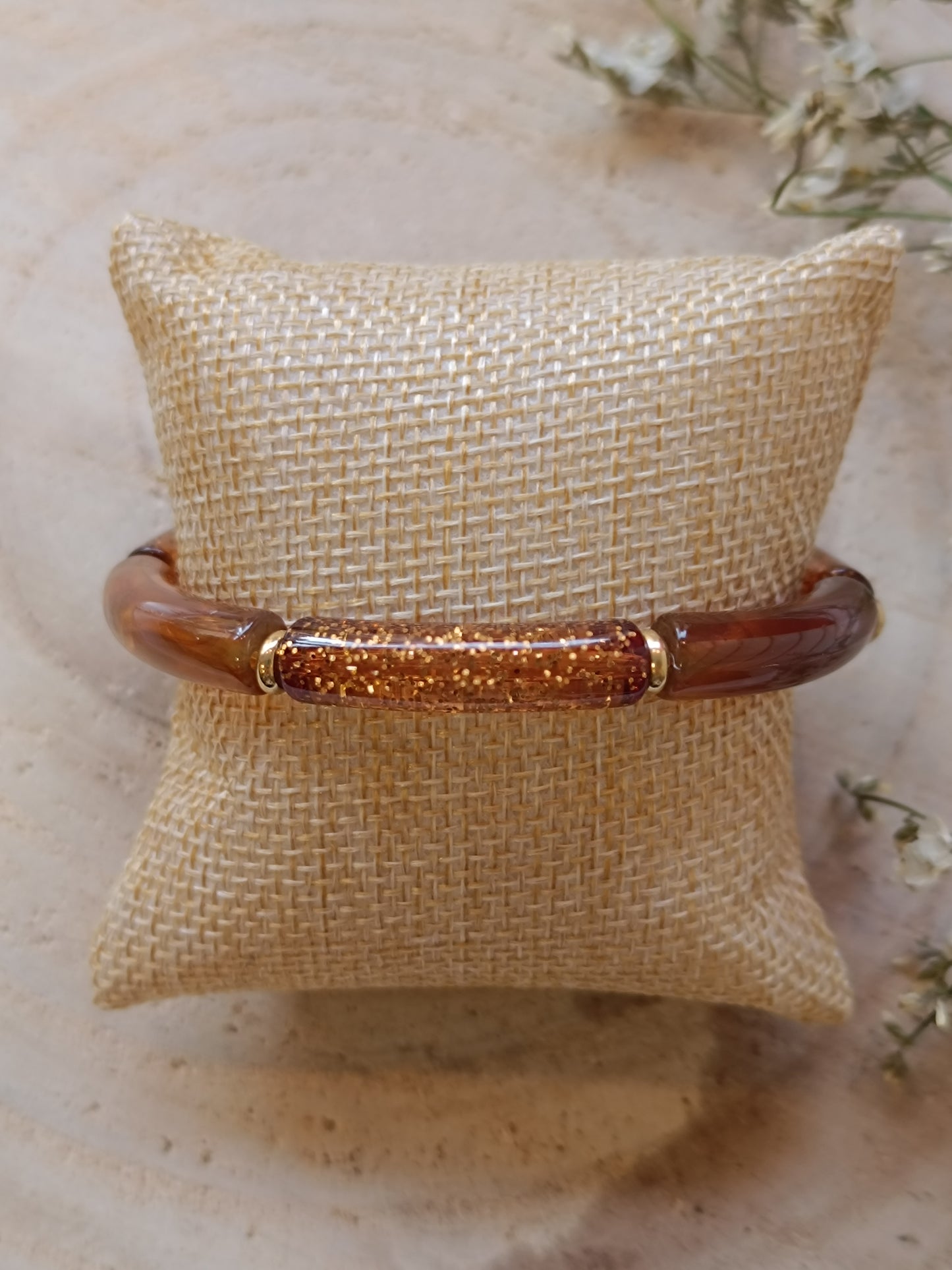 Bracelet élastique résine marron pailleté
